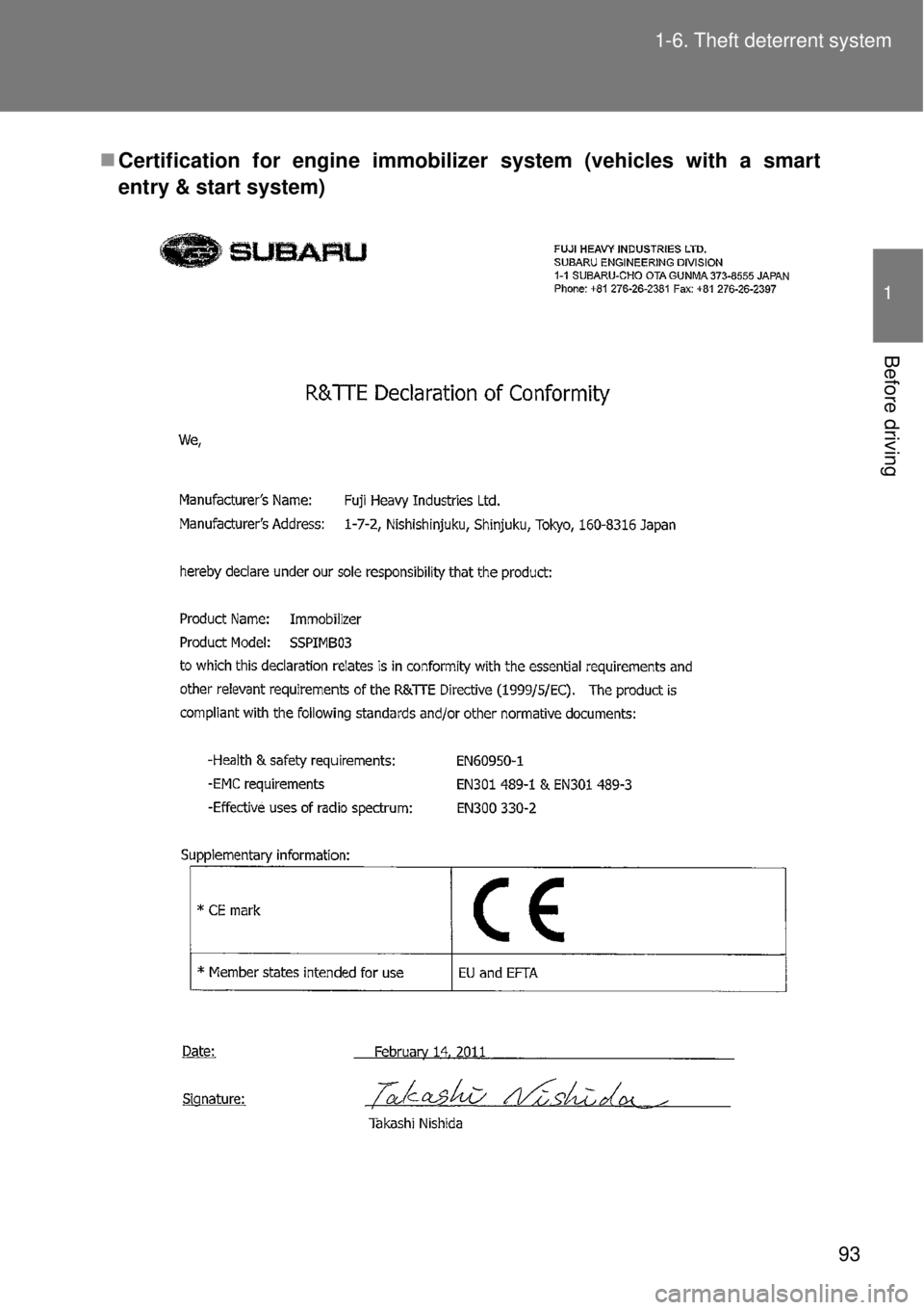 TOYOTA GT86 2015  Owners Manual (in English) 93 1-6. Theft deterrent system
1
Before driving
Certification for engine immobilizer system (vehicles with a smart
entry & start system) 