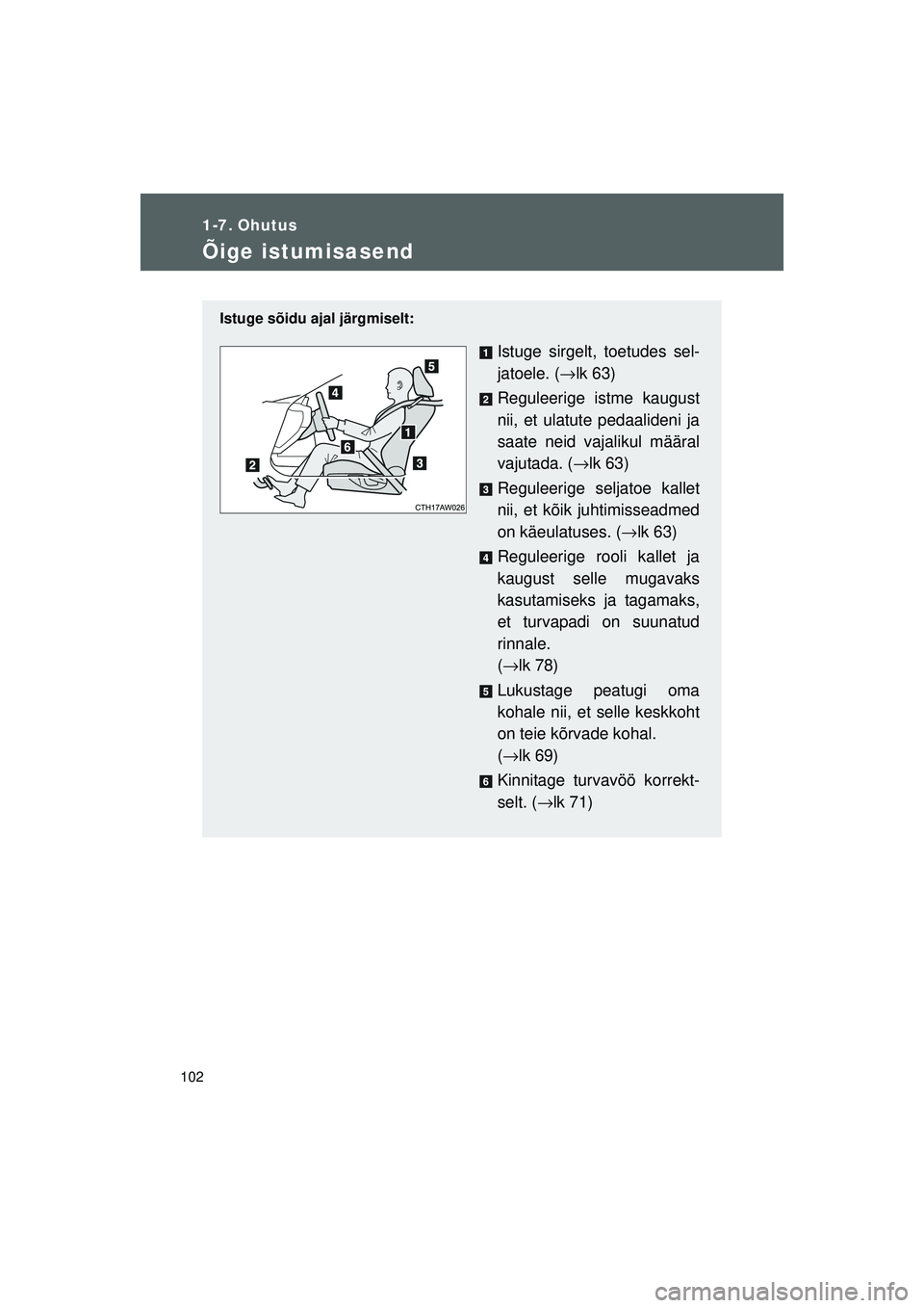 TOYOTA GT86 2015  Kasutusjuhend (in Estonian) 
102
GT86_EE
1-7. Ohutus
Õige istumisasend
Istuge sõidu ajal järgmiselt:
Istuge sirgelt, toetudes sel-
jatoele. (→lk 63)
Reguleerige istme kaugust
nii, et ulatute pedaalideni ja
saate neid vajali
