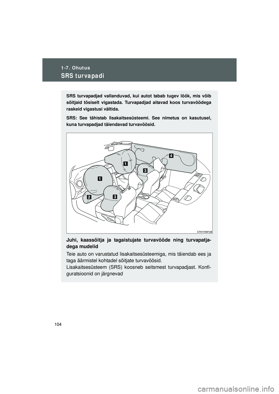 TOYOTA GT86 2015  Kasutusjuhend (in Estonian) 
104
1-7. Ohutus
GT86_EE
SRS tur vapadi
SRS turvapadjad vallanduvad, kui autot tabab tugev löök, mis võib
sõitjaid tõsiselt vigastada. Tur vapadjad aitavad koos turvavöödega
raskeid vigastusi v