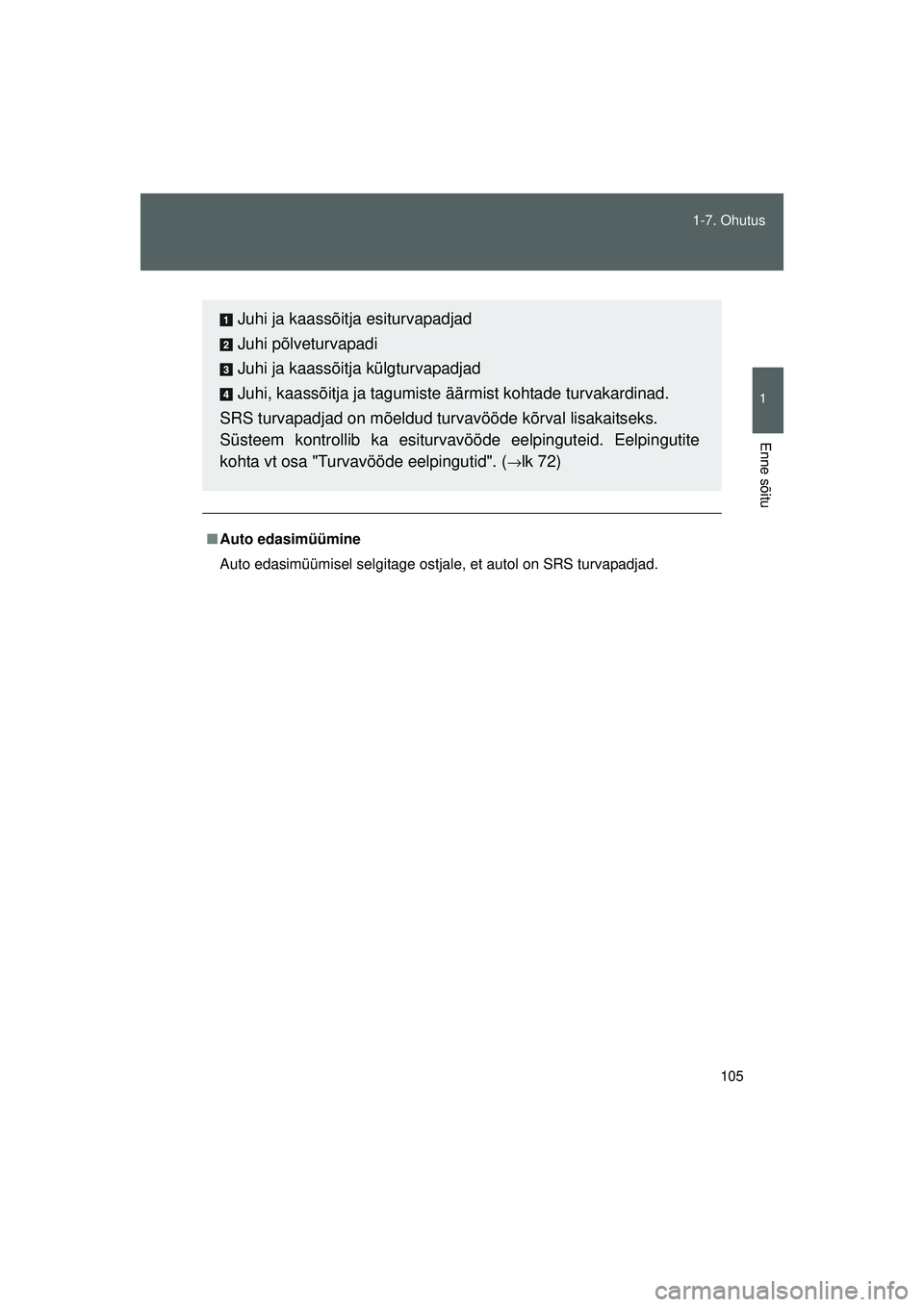 TOYOTA GT86 2015  Kasutusjuhend (in Estonian) 
105
1-7. Ohutus
1
Enne sõitu
GT86_EE
■
Auto edasimüümine
Auto edasimüümisel selgitage ostjale, et autol on SRS turvapadjad.
Juhi ja kaassõitja esiturvapadjad
Juhi põlveturvapadi
Juhi ja kaas