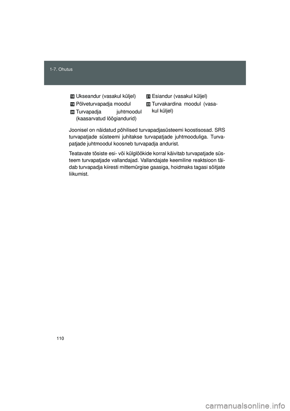 TOYOTA GT86 2015  Kasutusjuhend (in Estonian) 
110
1-7. Ohutus
GT86_EE
Joonisel on näidatud põhilised tu
rvapadjasüsteemi koostisosad. SRS
turvapatjade süsteemi juhitakse turvapatjade juhtmooduliga. Turva-
patjade juhtmoodul koos neb turvapad