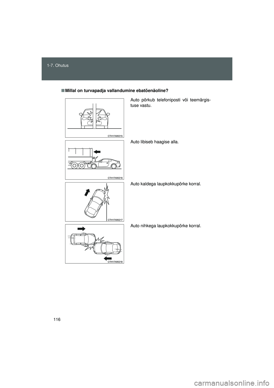 TOYOTA GT86 2015  Kasutusjuhend (in Estonian) 
116
1-7. Ohutus
GT86_EE
■
Millal on turvapadja val landumine ebatõenäoline?
Auto põrkub telefoniposti või teemärgis-
tuse vastu.
Auto libiseb haagise alla.
Auto kaldega laupkokkupõrke korral.