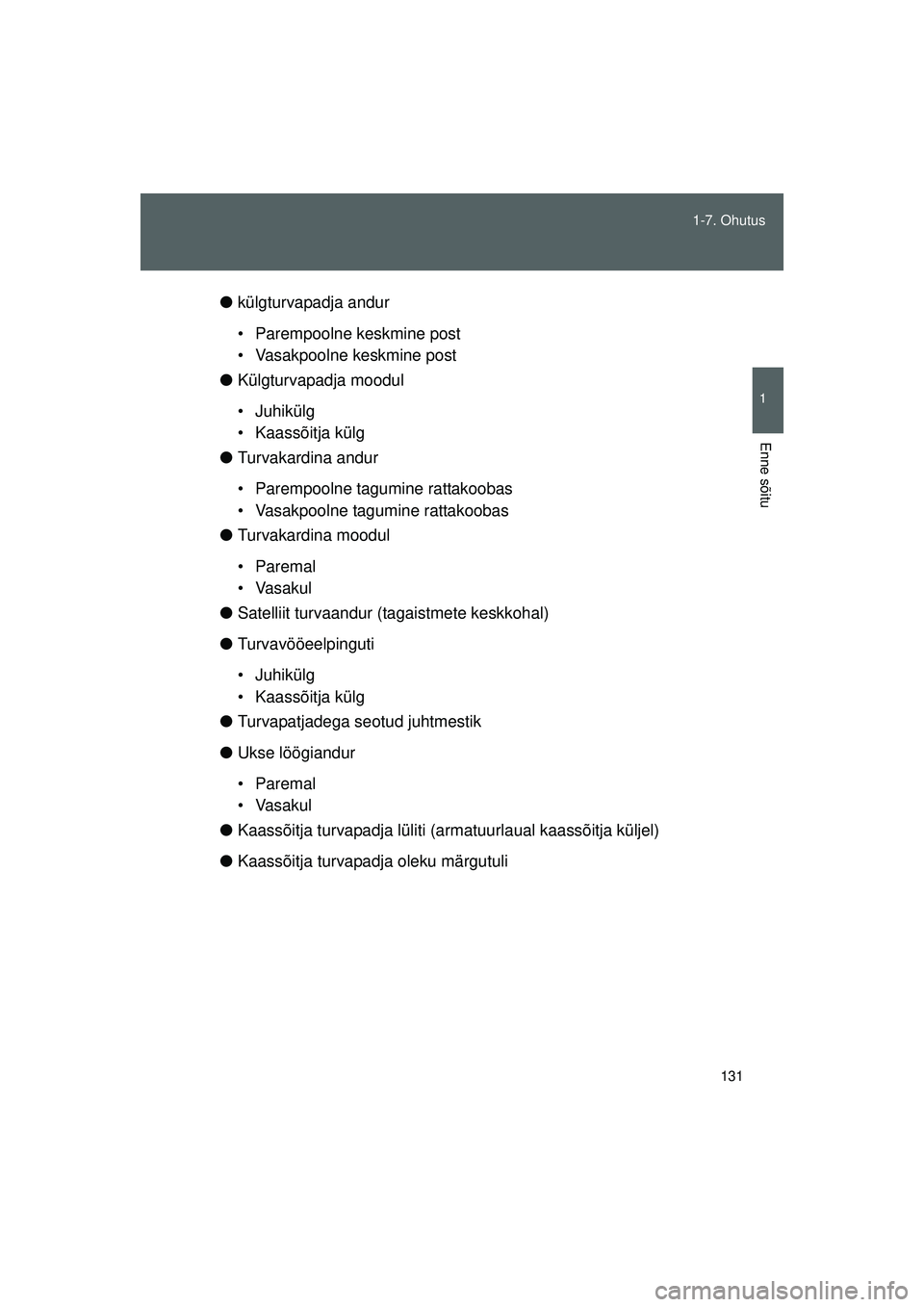 TOYOTA GT86 2015  Kasutusjuhend (in Estonian) 
131
1-7. Ohutus
1
Enne sõitu
GT86_EE
●
külgturvapadja andur
• Parempoolne keskmine post
• Vasakpoolne keskmine post
● Külgturvapadja moodul
• Juhikülg
• Kaassõitja külg
● Turvakar