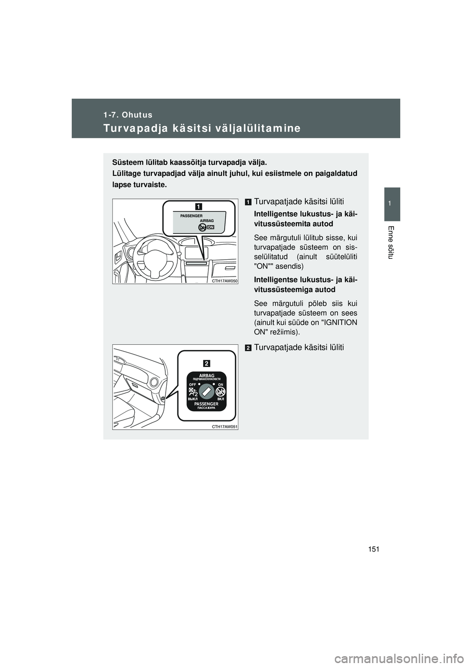 TOYOTA GT86 2015  Kasutusjuhend (in Estonian) 
151
1
1-7. Ohutus
Enne sõitu
GT86_EE
Tur vapadja käsitsi väljalülitamine
Süsteem lülitab kaassõitja turvapadja välja. 
Lülitage turvapadjad välja ainult juhul, kui esiistmele on paigaldatud