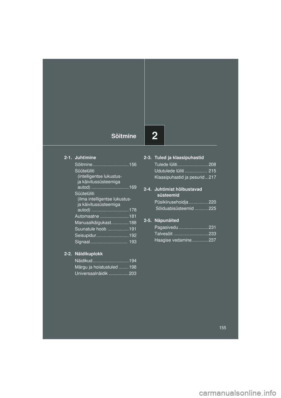 TOYOTA GT86 2015 Kasutusjuhend (in Estonian)
2Sõitmine
155
GT86_EE
2-1. JuhtimineSõitmine............................. 156
Süütelüliti (intelligentse lukustus-
ja käivitussüsteemiga
autod) .............................. 169
Süütelül TOYOTA GT86 2015 Kasutusjuhend (in Estonian)
2Sõitmine
155
GT86_EE
2-1. JuhtimineSõitmine............................. 156
Süütelüliti (intelligentse lukustus-
ja käivitussüsteemiga
autod) .............................. 169
Süütelül