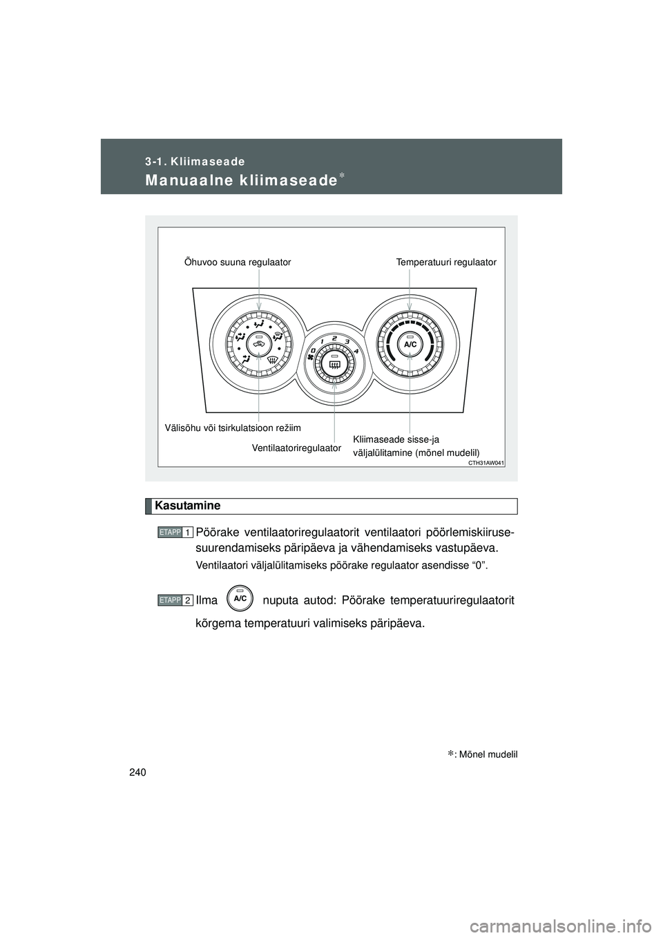 TOYOTA GT86 2015  Kasutusjuhend (in Estonian) 
240
GT86_EE
3-1. Kliimaseade
Manuaalne kliimaseade∗
KasutaminePöörake ventilaatoriregulaatorit  ventilaatori pöörlemiskiiruse-
suurendamiseks päripäeva ja  vähendamiseks vastupäeva.
Ventila