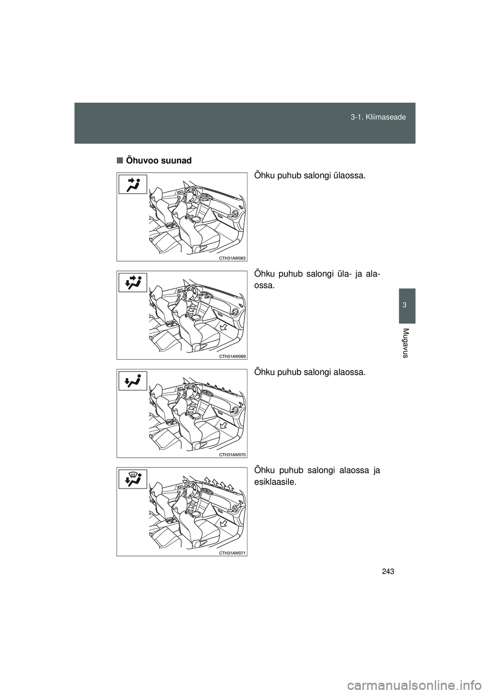 TOYOTA GT86 2015  Kasutusjuhend (in Estonian) 
243
3-1. Kliimaseade
3
Mugavus
GT86_EE
■
Õhuvoo suunad
Õhku puhub salongi ülaossa.
Õhku puhub salongi üla- ja ala-
ossa.
Õhku puhub salongi alaossa.
Õhku puhub salongi alaossa ja
esiklaasile