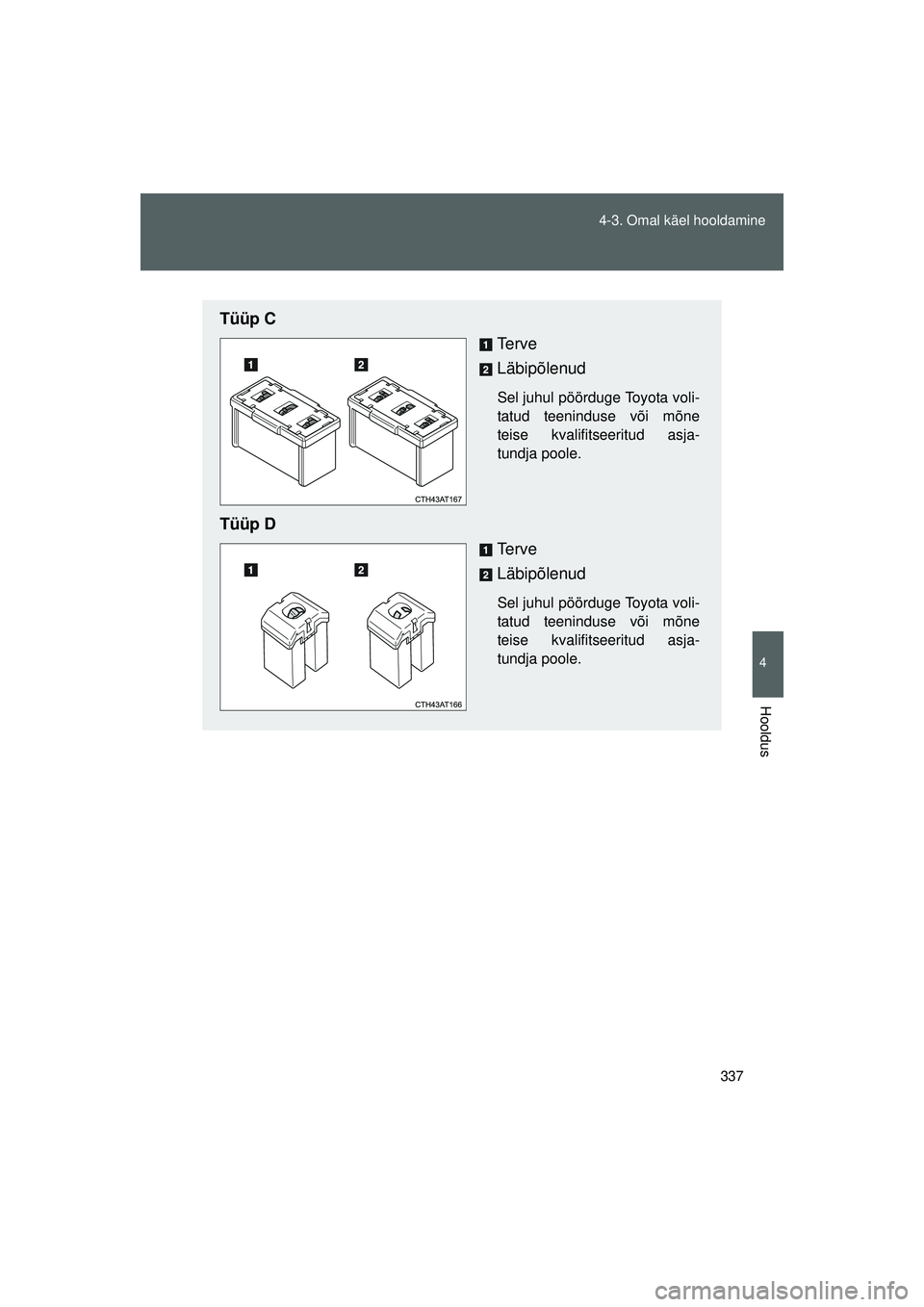 TOYOTA GT86 2015  Kasutusjuhend (in Estonian) 
337
4-3. Omal käel hooldamine
4
Hooldus
GT86_EE
Tüüp C
Te r v e
Läbipõlenud
Sel juhul pöörduge Toyota voli-
tatud teeninduse või mõne
teise kvalifitseeritud asja-
tundja poole.
Tüüp DTe r 