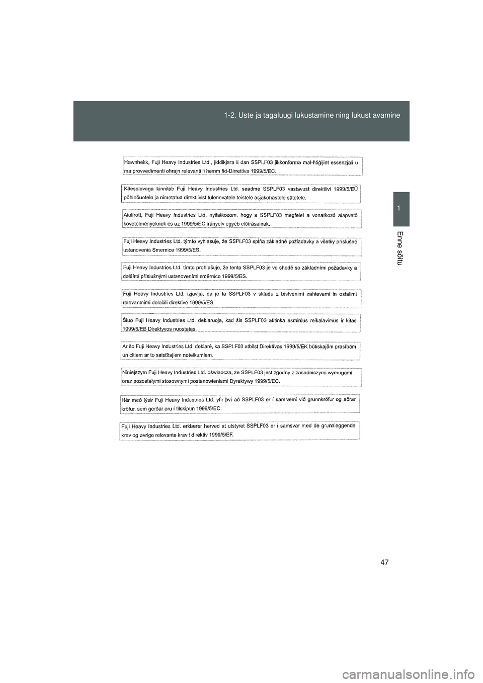 TOYOTA GT86 2015  Kasutusjuhend (in Estonian) 
47
1-2. Uste ja tagaluugi lukustamine ning lukust avamine
1
Enne sõitu
GT86_EE
86_EE_18044EE.book  Page 47  Sunday, September 21, 2014  6:33 PM 