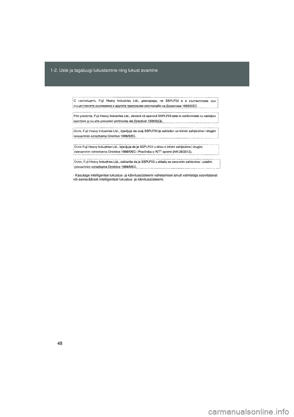 TOYOTA GT86 2015  Kasutusjuhend (in Estonian) 
48
1-2. Uste ja tagaluugi lukustamine ning lukust avamine
GT86_EE
- Kasutage intelligentse lukustus- ja käivitussüsteemi vahetamisel ainult valmistaja soovitatavat
või samaväärset intelligentset