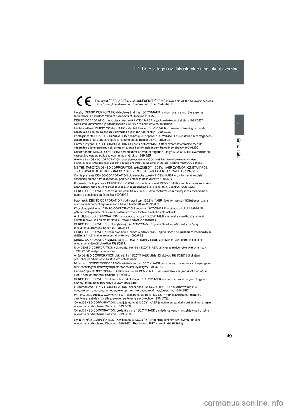 TOYOTA GT86 2015  Kasutusjuhend (in Estonian) 
49
1-2. Uste ja tagaluugi lukustamine ning lukust avamine
1
Enne sõitu
GT86_EE
86_EE_18044EE.book  Page 49  Sunday, September 21, 2014  6:33 PM 