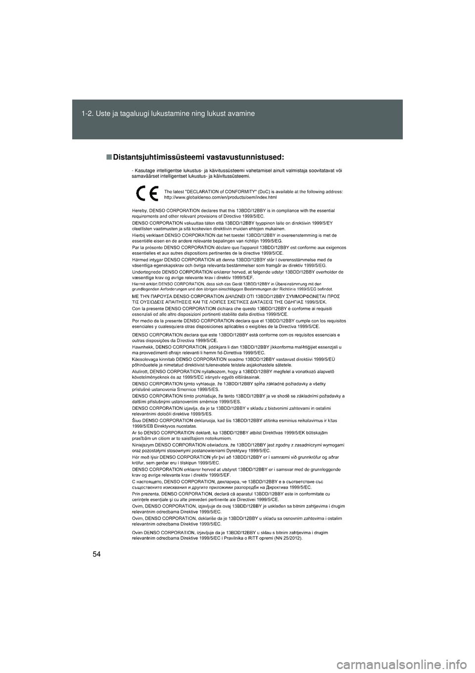 TOYOTA GT86 2015  Kasutusjuhend (in Estonian) 
54
1-2. Uste ja tagaluugi lukustamine ning lukust avamine
GT86_EE
■
Distantsjuhtimissüsteem i vastavustunnistused:
- Kasutage intelligentse lukustus- ja käivitussüsteemi vahetamisel ainult valmi