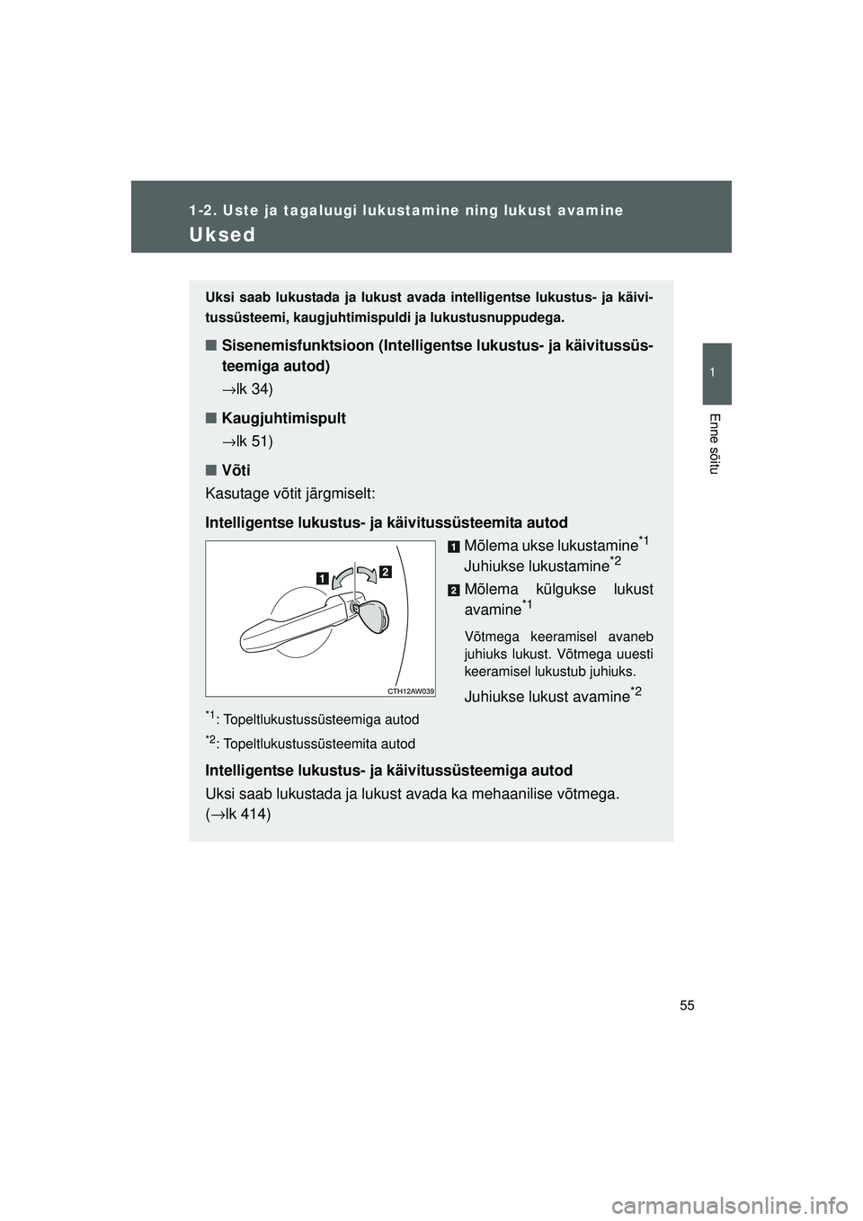 TOYOTA GT86 2015  Kasutusjuhend (in Estonian) 
55
1
1-2. Uste ja tagaluugi lukustamine ning lukust avamine
Enne sõitu
GT86_EE
Uksed
Uksi saab lukustada ja lukust avada  intelligentse lukustus- ja käivi-
tussüsteemi, kaugjuhtimispul di ja lukus