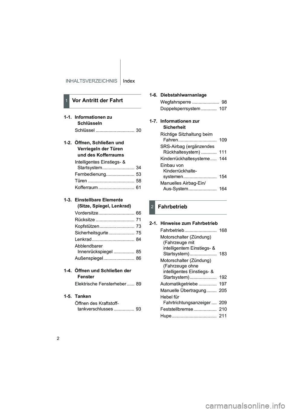 TOYOTA GT86 2016 Betriebsanleitungen (in German) INHALTSVERZEICHNISIndex
FT86_EM
2
1-1. Informationen zu
Schlüsseln
Schlüssel .............................. 30
1-2. Öffnen, Schließen und
Verriegeln der Türen
und des Kofferraums
Intelligente TOYOTA GT86 2016 Betriebsanleitungen (in German) INHALTSVERZEICHNISIndex
FT86_EM
2
1-1. Informationen zu
Schlüsseln
Schlüssel .............................. 30
1-2. Öffnen, Schließen und
Verriegeln der Türen
und des Kofferraums
Intelligente
