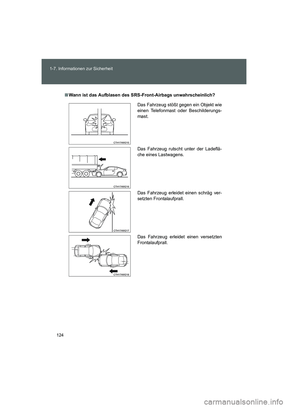 TOYOTA GT86 2016  Betriebsanleitungen (in German) 124 1-7. Informationen zur Sicherheit
FT86_EM
■Wann ist das Aufblasen des SRS-Front-Airbags unwahrscheinlich?
Das Fahrzeug stößt gegen ein Objekt wie
einen Telefonmast oder Beschilderungs-
mast.
D