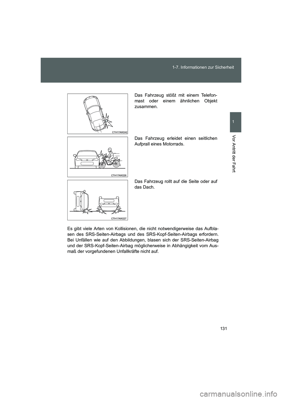TOYOTA GT86 2016  Betriebsanleitungen (in German) 131 1-7. Informationen zur Sicherheit
1
Vor Antritt der Fahrt
FT86_EM
Es gibt viele Arten von Kollisionen, die nicht notwendigerweise das Aufbla-
sen des SRS-Seiten-Airbags und des SRS-Kopf-Seiten-Air