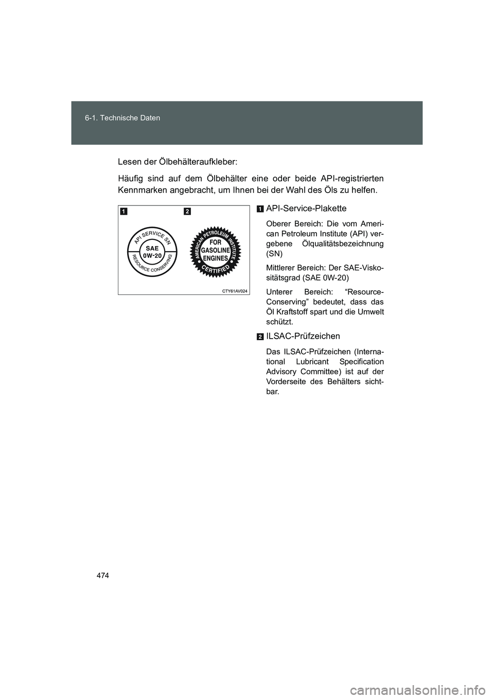 TOYOTA GT86 2016  Betriebsanleitungen (in German) 474 6-1. Technische Daten
FT86_EMLesen der Ölbehälteraufkleber:
Häufig sind auf dem Ölbehälter eine oder beide API-registrierten
Kennmarken angebracht, um Ihnen bei der Wahl des Öls zu helfen.
A