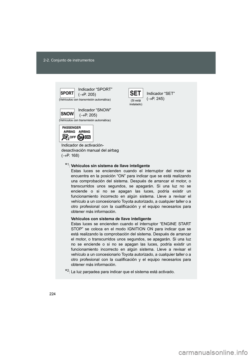 TOYOTA GT86 2016  Manuale de Empleo (in Spanish) 224 2-2. Conjunto de instrumentos
FT86_ES
*1:Vehículos sin sistema de llave inteligente 
Estas luces se encienden cuando el interruptor del motor se
encuentra en la posición “ON” para indicar qu