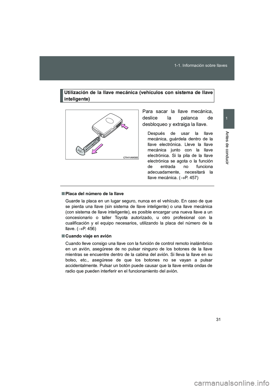 TOYOTA GT86 2016  Manuale de Empleo (in Spanish) 31 1-1. Información sobre llaves
1
Antes de conducir
FT86_ES
Utilización de la llave mecánica (vehículos con sistema de llave
inteligente)
Para sacar la llave mecánica,
deslice la palanca de
desb