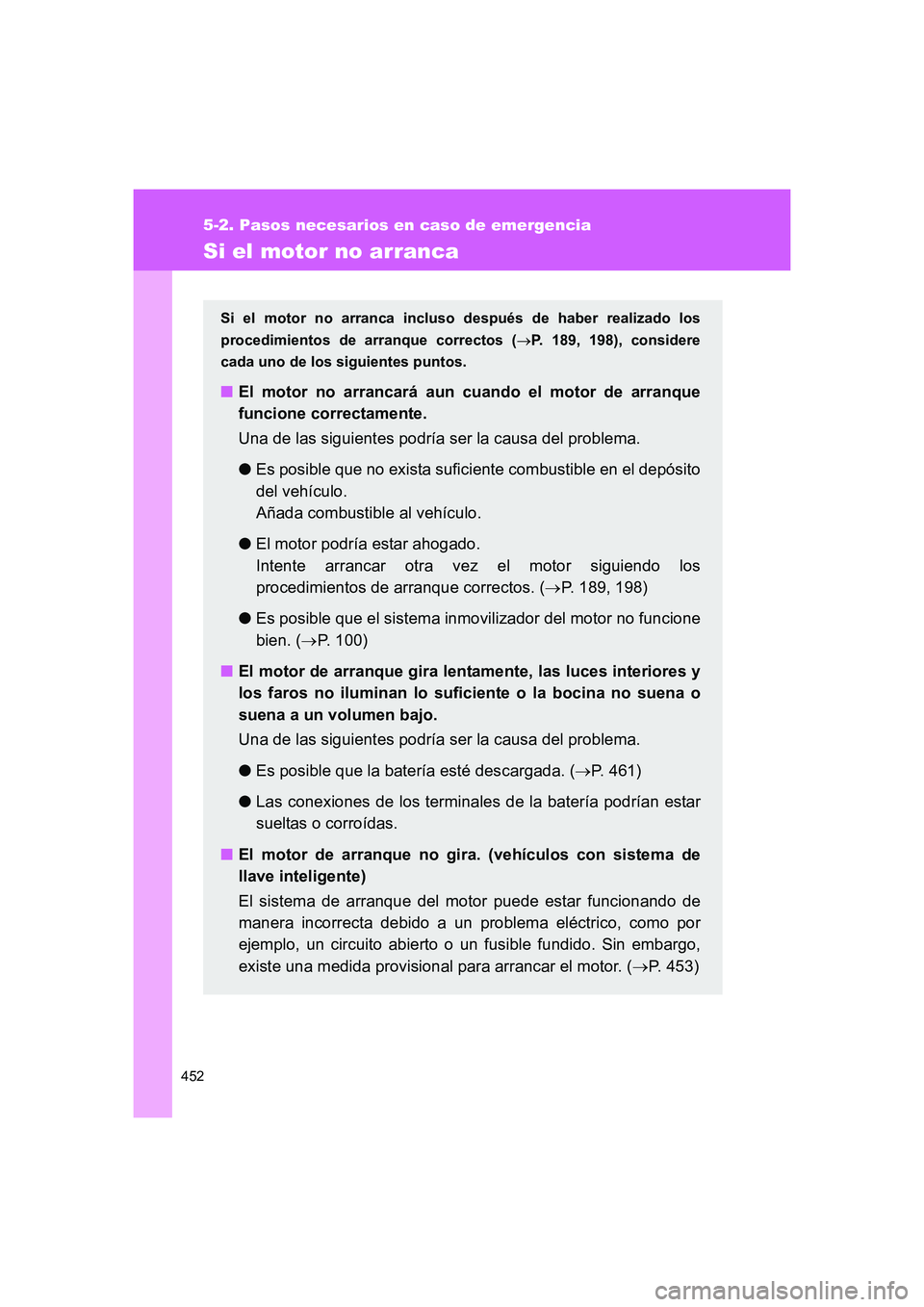 TOYOTA GT86 2016  Manuale de Empleo (in Spanish) 452
5-2. Pasos necesarios en caso de emergencia
FT86_ES
Si el motor no arranca
Si el motor no arranca incluso después de haber realizado los
procedimientos de arranque correctos (→P. 189, 198), con