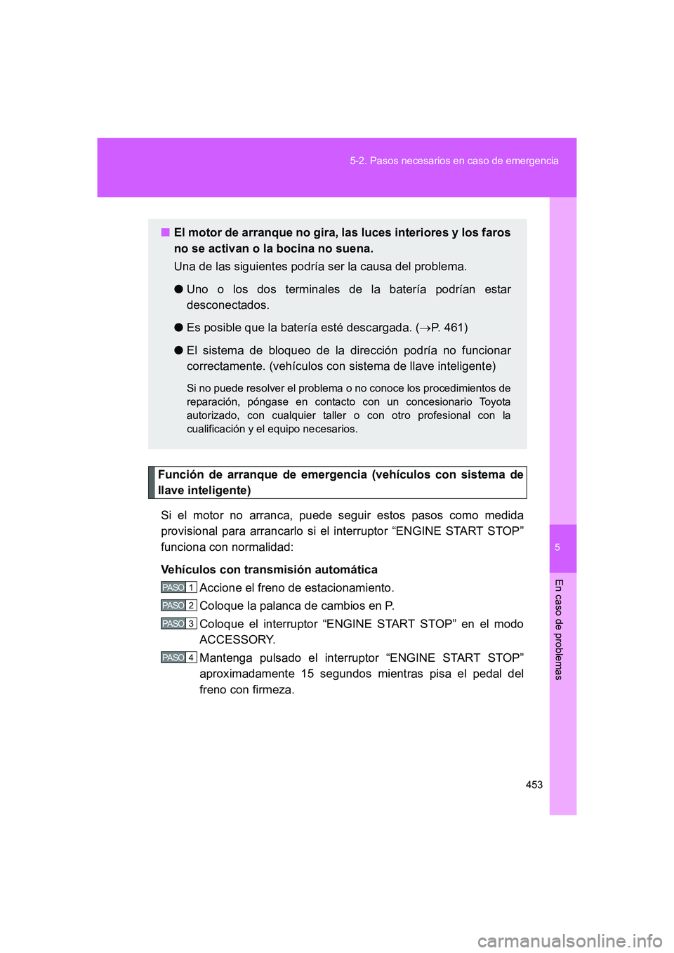 TOYOTA GT86 2016  Manuale de Empleo (in Spanish) 5
453 5-2. Pasos necesarios en caso de emergencia
En caso de problemas
FT86_ES
Función de arranque de emergencia (vehículos con sistema de
llave inteligente)
Si el motor no arranca, puede seguir est