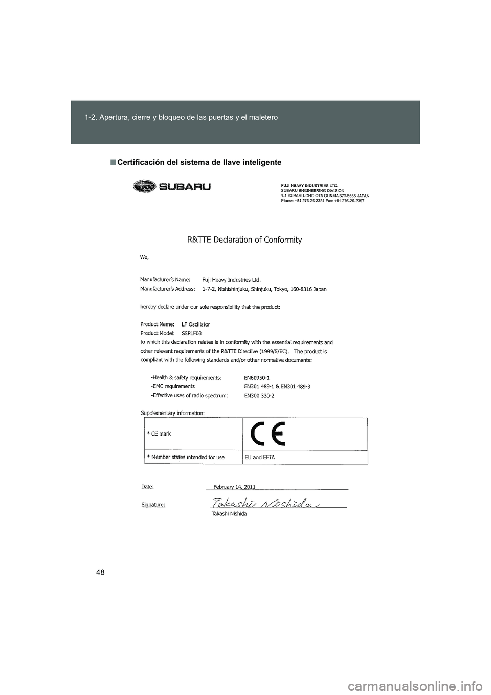 TOYOTA GT86 2016  Manuale de Empleo (in Spanish) 48 1-2. Apertura, cierre y bloqueo de las puertas y el maletero
FT86_ES
■Certificación del sistema de llave inteligente
86_OM_ES_OM18062S.book  48 ページ  ２０１５年４月３日　金曜日