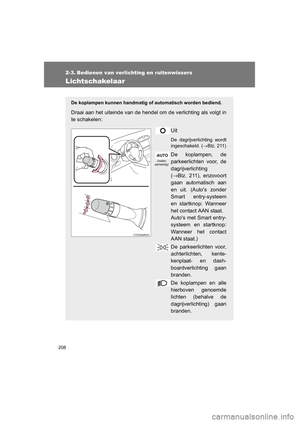 TOYOTA GT86 2016  Instructieboekje (in Dutch) 208
FT86_EE
2-3. Bedienen van verlichting en ruitenwissers
Lichtschakelaar
De koplampen kunnen handmatig of automatisch worden bediend.
Draai aan het uiteinde van de hendel om de verlichting als volgt