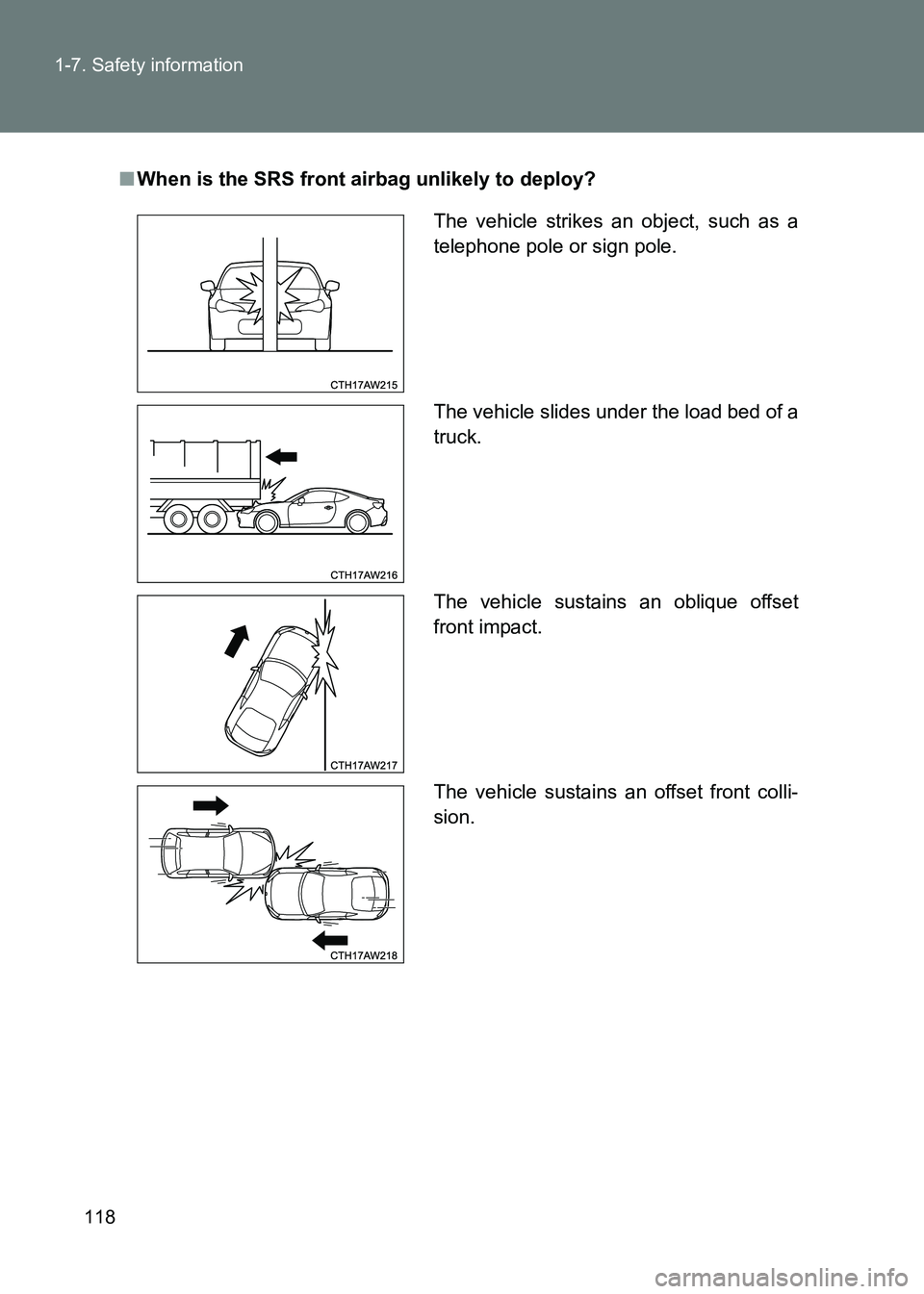 TOYOTA GT86 2017  Owners Manual (in English) 118
1-7. Safety information
86_EE (OM18071E)
■
When is the SRS front airbag unlikely to deploy?
The vehicle strikes an object, such as a
telephone pole or sign pole.
The vehicle slides under the loa