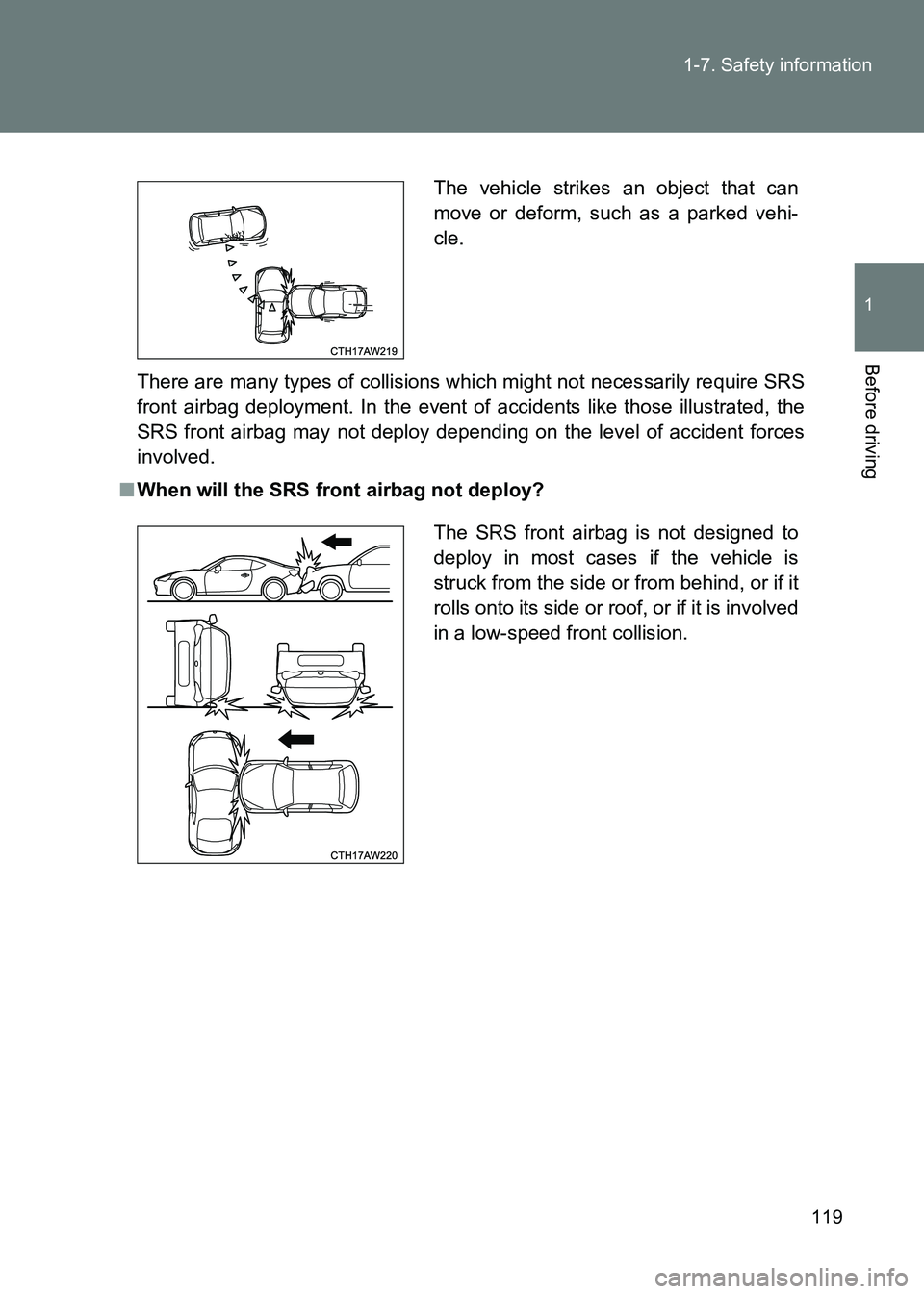 TOYOTA GT86 2017  Owners Manual (in English) 119
1-7. Safety information
1
Before driving
86_EE (OM18071E)
There are many types of collisions wh
ich might not necessarily require SRS
front airbag deployment. In the event of accidents like those 