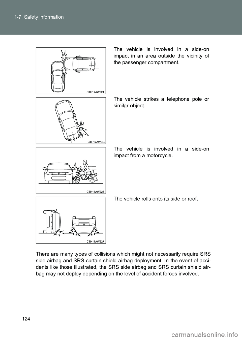 TOYOTA GT86 2017  Owners Manual (in English) 124
1-7. Safety information
86_EE (OM18071E)
There are many types of collisions wh
ich might not necessarily require SRS
side airbag and SRS curtain shield air bag deployment. In the event of acci-
de