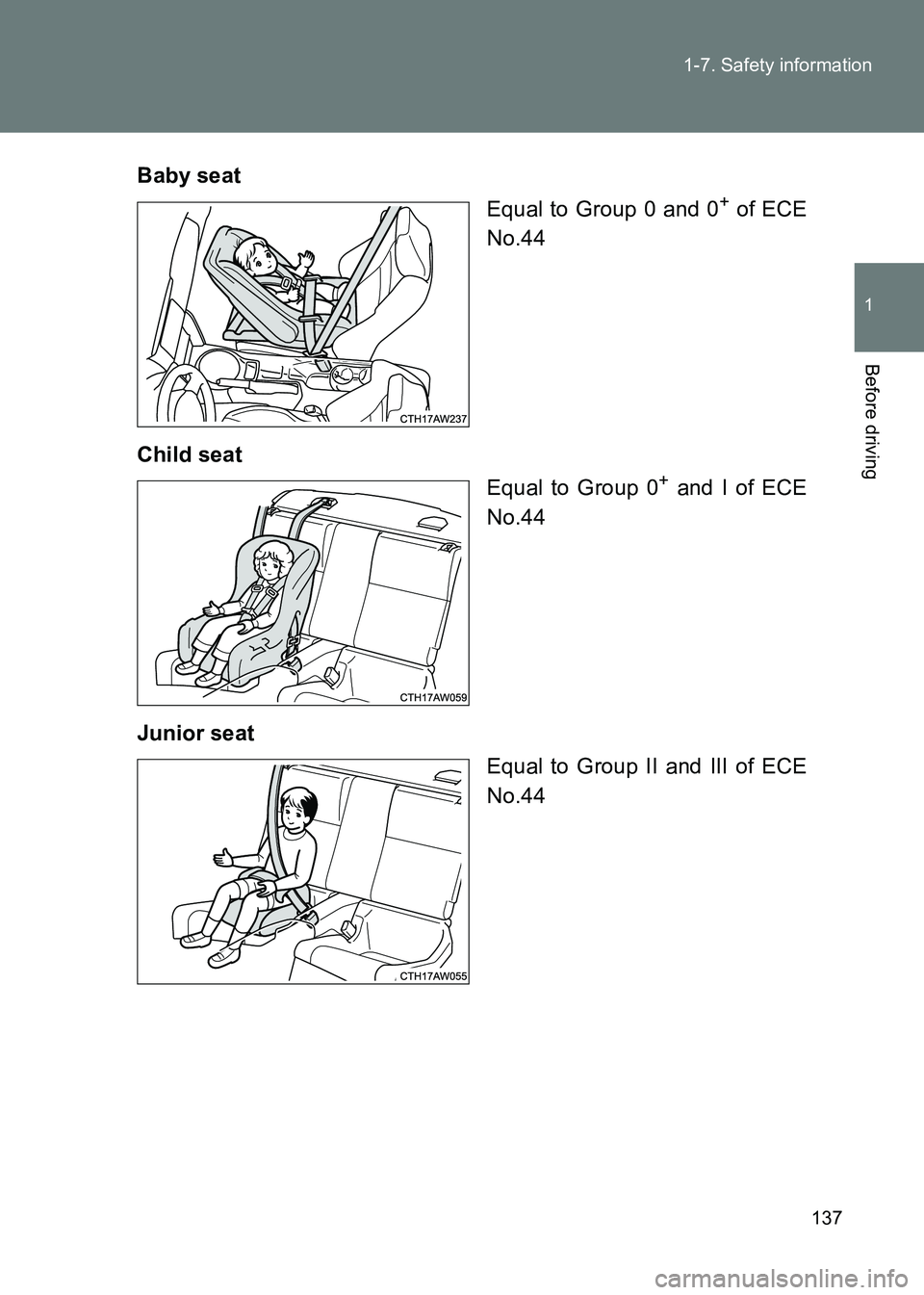 TOYOTA GT86 2017  Owners Manual (in English) 137
1-7. Safety information
1
Before driving
86_EE (OM18071E)
Baby seat
Equal to Group 0 and 0
+ of ECE
No.44
Child seat Equal to Group 0
+ and I of ECE
No.44
Junior seat Equal to Group II and III of 
