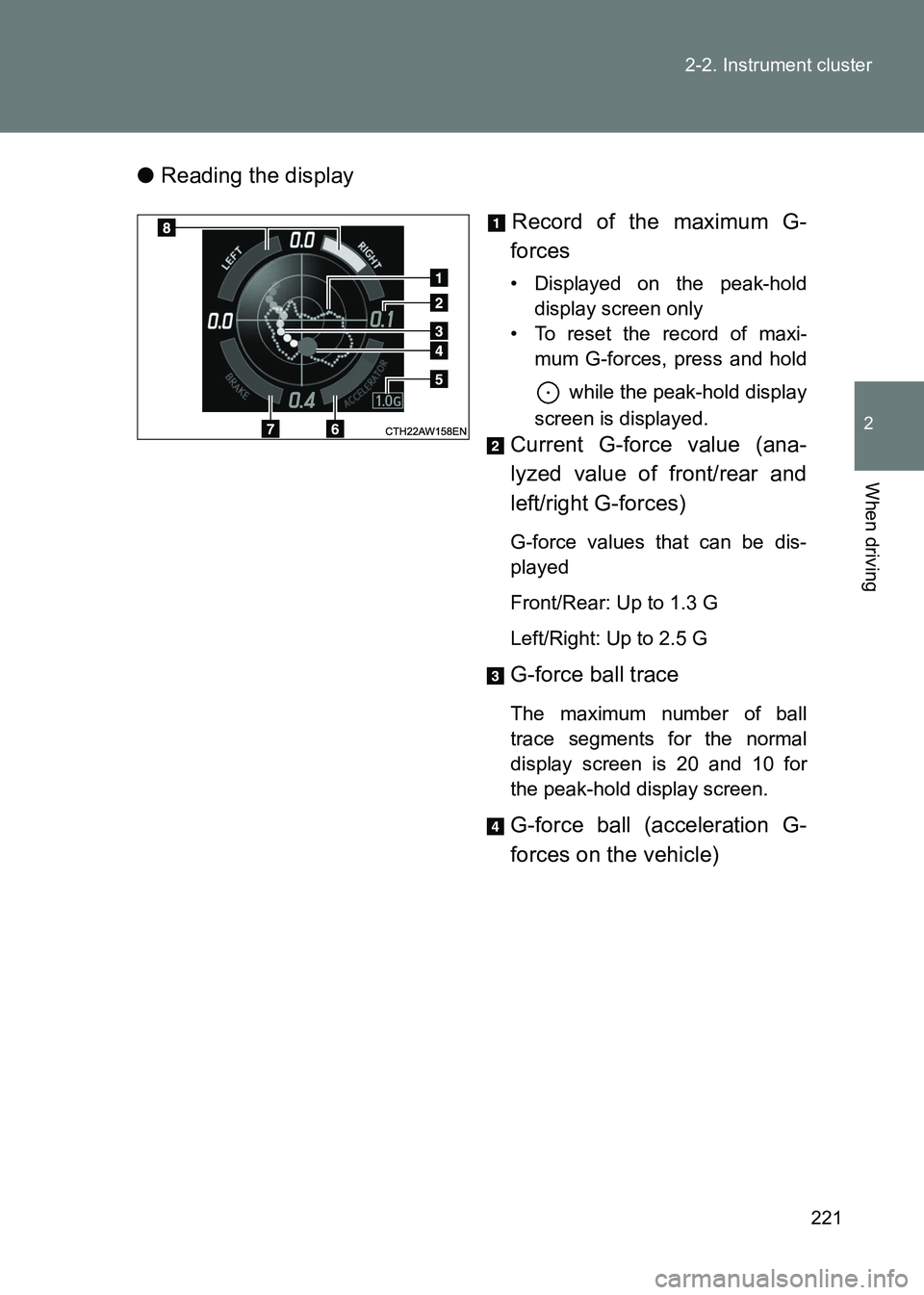 TOYOTA GT86 2017  Owners Manual (in English) 221
2-2. Instrument cluster
2
When driving
86_EE (OM18071E)
●
Reading the display
Record of the maximum G-
forces
• Displayed on the peak-hold display screen only
• To reset the record of maxi- 