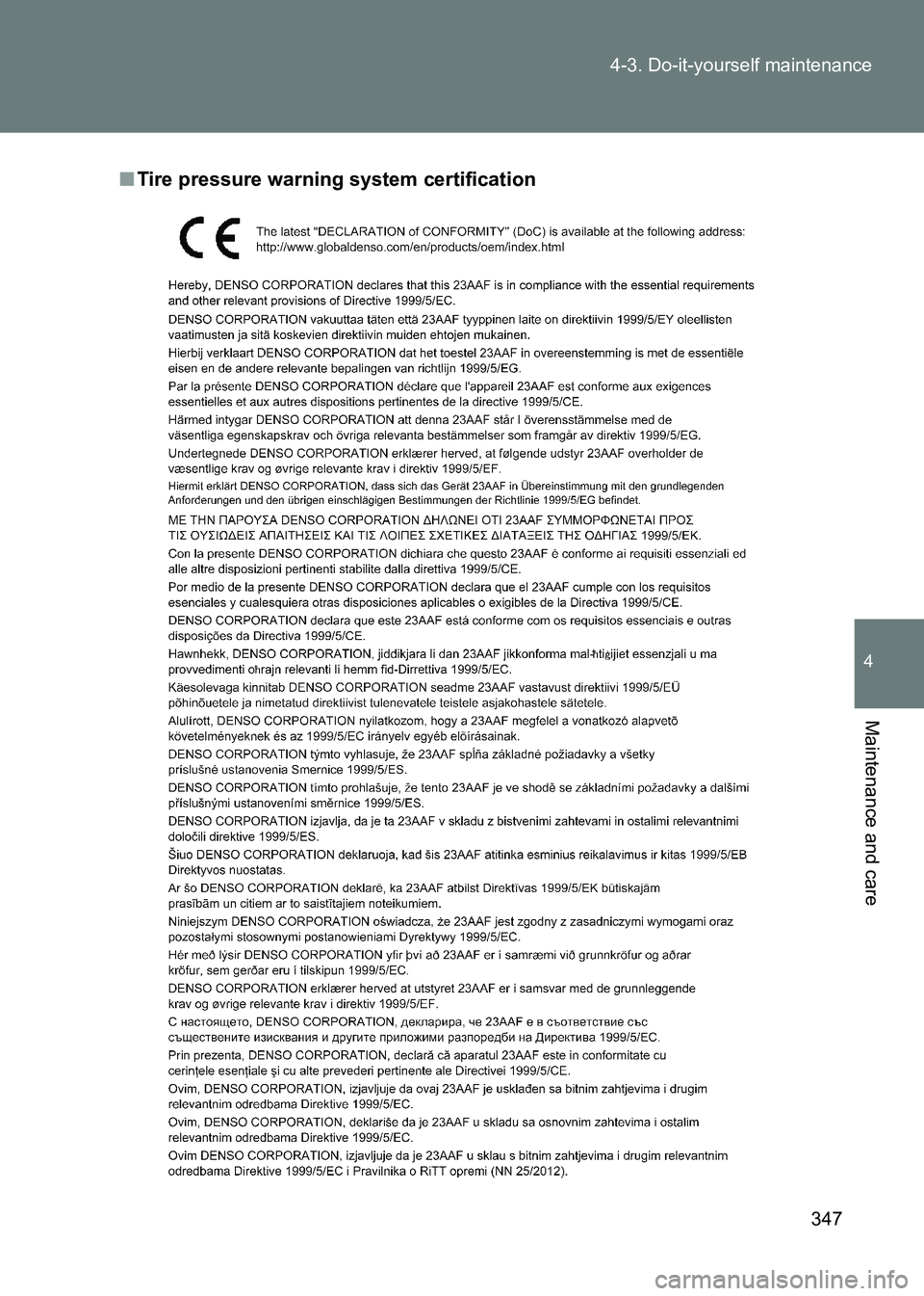 TOYOTA GT86 2017  Owners Manual (in English) 347
4-3. Do-it-yourself maintenance
4
Maintenance and care
86_EE (OM18071E)
■
Tire pressure warning system certification 