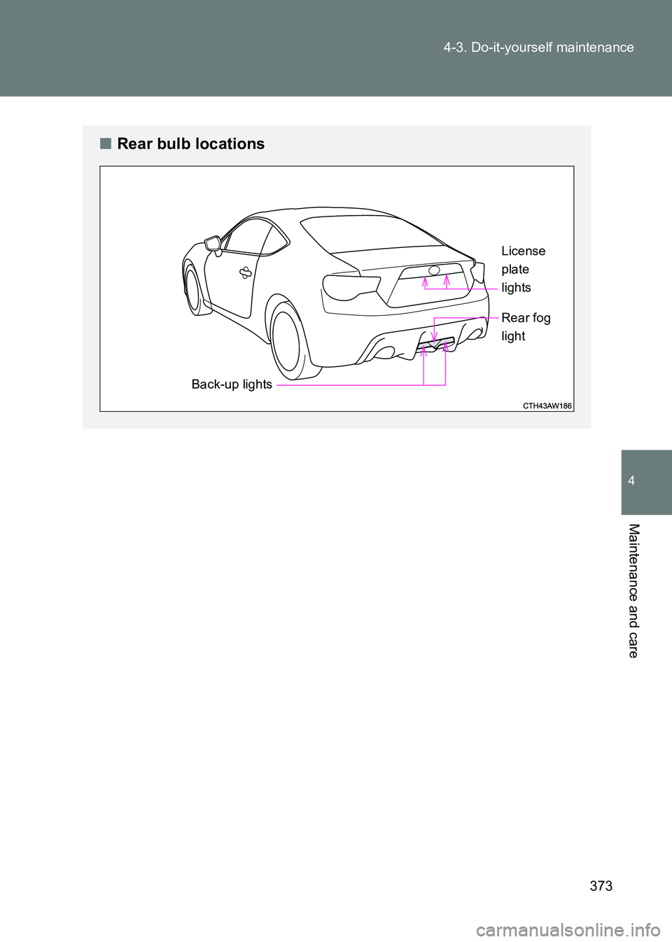 TOYOTA GT86 2017  Owners Manual (in English) 373
4-3. Do-it-yourself maintenance
4
Maintenance and care
86_EE (OM18071E)
■
Rear bulb locations
Back-up lights License
plate
lights
Rear fog 
light 