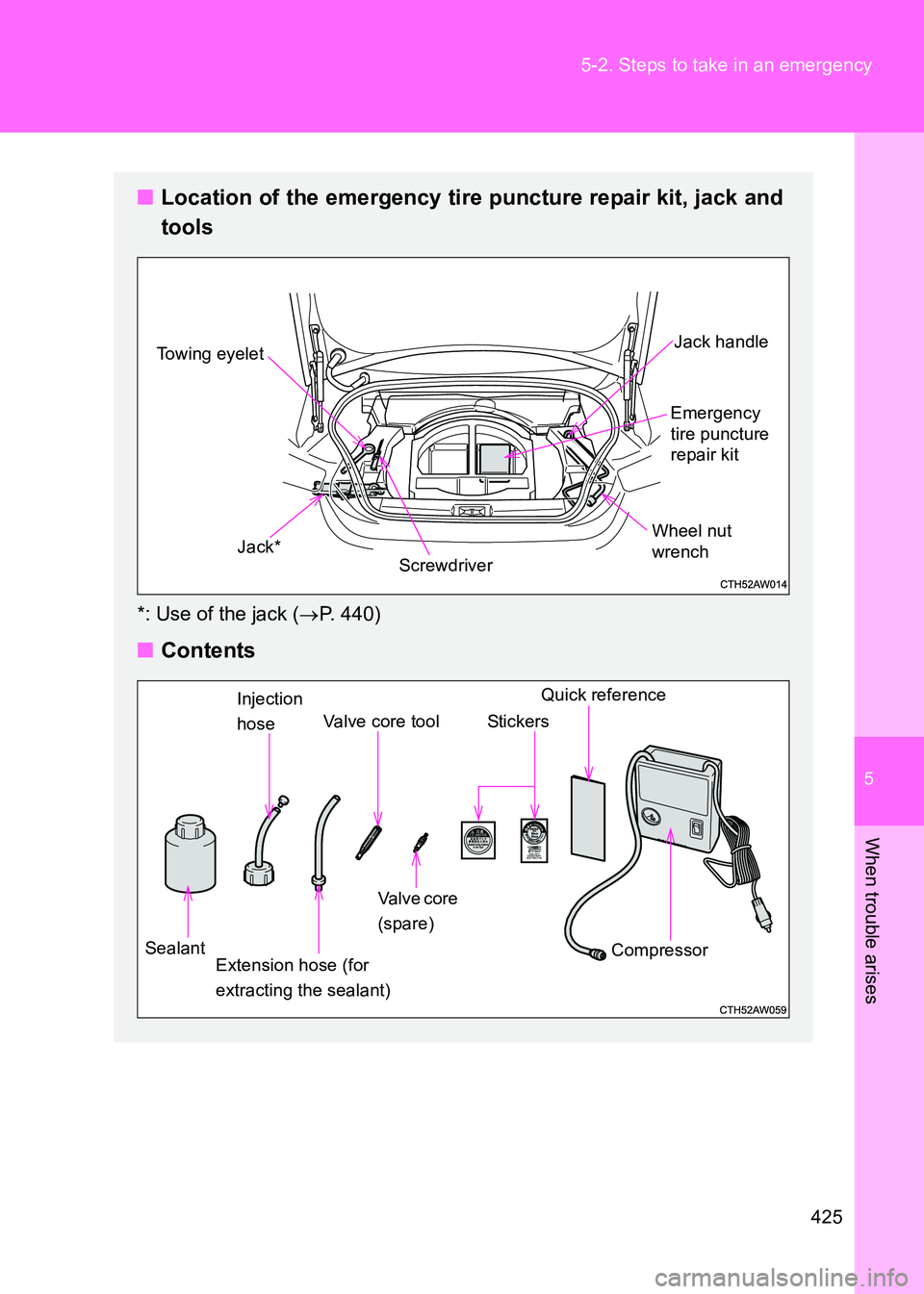 TOYOTA GT86 2017  Owners Manual (in English) 5
425
5-2. Steps to take in an emergency
When trouble arises
86_EE (OM18071E)
■
Location of the emergency tire puncture repair kit, jack and
tools
*: Use of the jack ( →P. 440)
■ Contents
Screwd