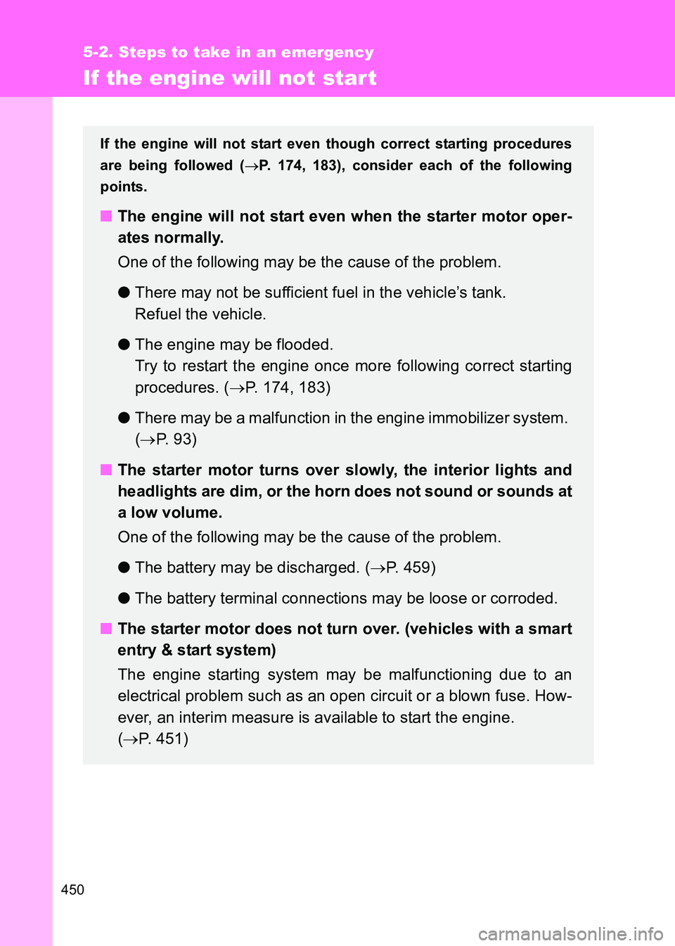 TOYOTA GT86 2017 Owners Manual (in English) 450
5-2. Steps to take in an emergency
86_EE (OM18071E)
If the engine will not start
If the engine will not start even though correct starting procedures
are being followed ( →P. 174, 183), consider TOYOTA GT86 2017 Owners Manual (in English) 450
5-2. Steps to take in an emergency
86_EE (OM18071E)
If the engine will not start
If the engine will not start even though correct starting procedures
are being followed ( →P. 174, 183), consider