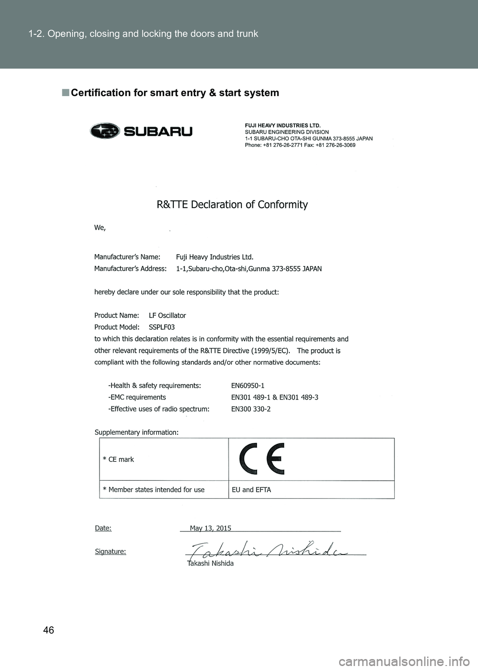 TOYOTA GT86 2017  Owners Manual (in English) 46
1-2. Opening, closing and locking the doors and trunk
86_EE (OM18071E)
■
Certification for smart entry & start system 