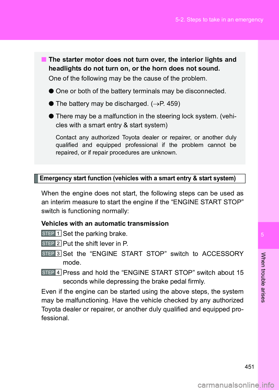 TOYOTA GT86 2017 Owners Manual (in English) 5
451
5-2. Steps to take in an emergency
When trouble arises
86_EE (OM18071E)
Emergency start function (vehicles with a smart entry & start system)
When the engine does not start, the following steps TOYOTA GT86 2017 Owners Manual (in English) 5
451
5-2. Steps to take in an emergency
When trouble arises
86_EE (OM18071E)
Emergency start function (vehicles with a smart entry & start system)
When the engine does not start, the following steps