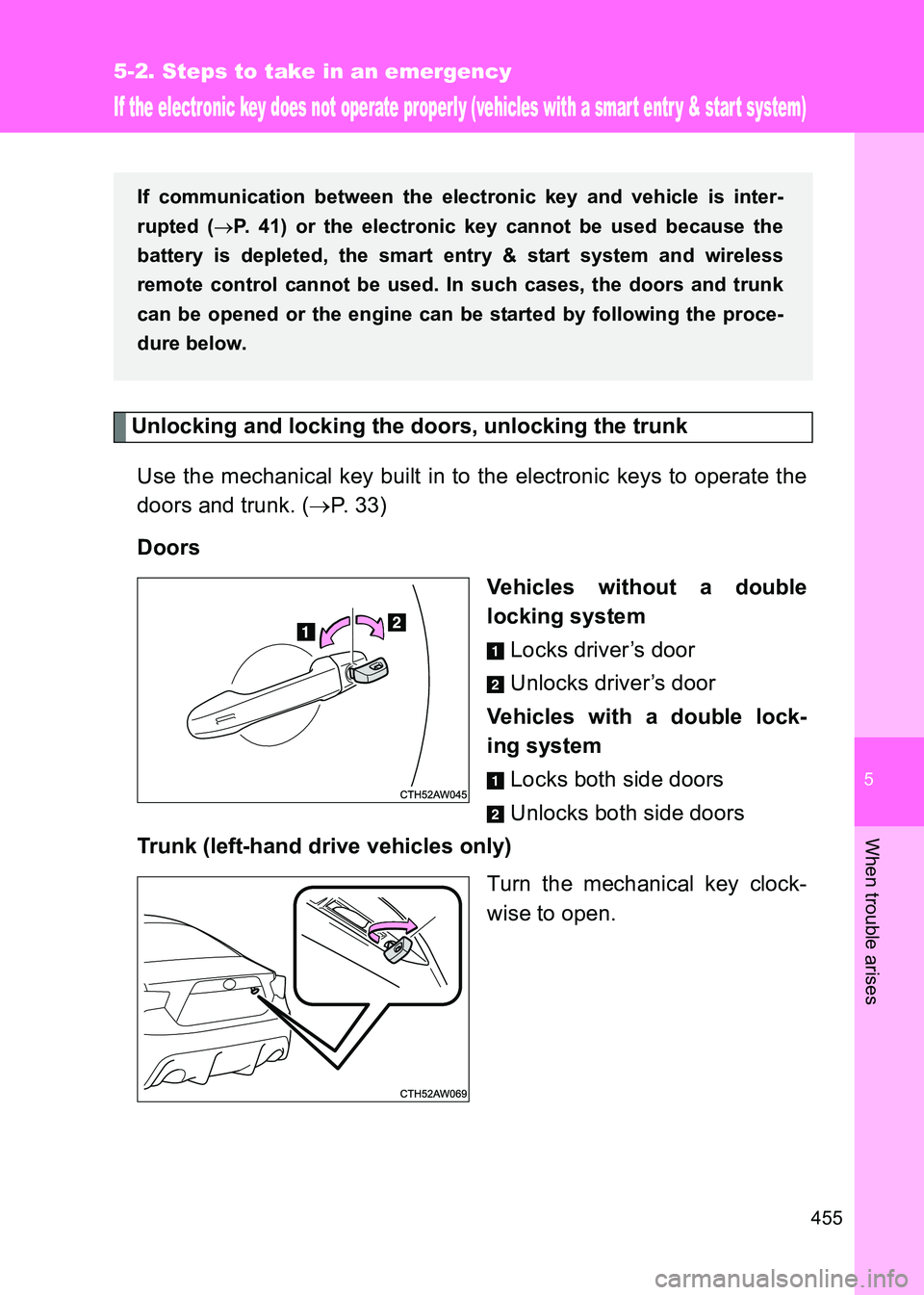 TOYOTA GT86 2017  Owners Manual (in English) 5
455
5-2. Steps to take in an emergency
When trouble arises
86_EE (OM18071E)
If the electronic key does not operate properly (vehicles with a smart entr y & start system)
Unlocking and locking the do