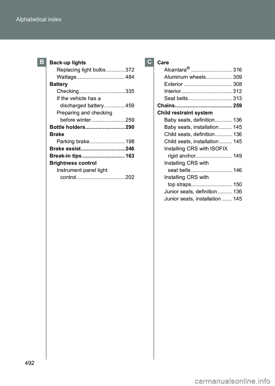 TOYOTA GT86 2017 Owners Manual (in English) 492
Alphabetical index
86_EE (OM18071E)
Back-up lights
Replacing light bulbs ............. 372
Wattage................................. 484
Battery Checking ............................... 335
If the TOYOTA GT86 2017 Owners Manual (in English) 492
Alphabetical index
86_EE (OM18071E)
Back-up lights
Replacing light bulbs ............. 372
Wattage................................. 484
Battery Checking ............................... 335
If the