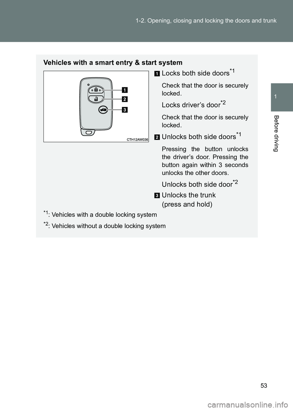 TOYOTA GT86 2017  Owners Manual (in English) 53
1-2. Opening, closing and locking the doors and trunk
1
Before driving
86_EE (OM18071E)
Vehicles with a smart entry & start system
Locks both side doors
*1 
Check that the door is securely
locked.
