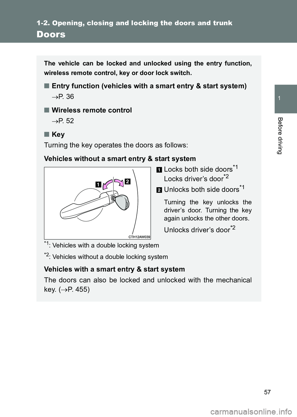 TOYOTA GT86 2017  Owners Manual (in English) 57
1
1-2. Opening, closing and locking the doors and trunk
Before driving
86_EE (OM18071E)
Doors
The vehicle can be locked and unlocked using the entry function,
wireless remote control, key or door l