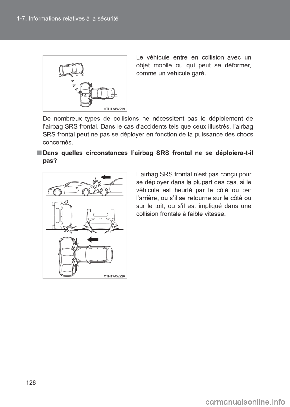 TOYOTA GT86 2017  Notices Demploi (in French) 128
1-7. Informations relatives à la sécurité
86_EK (OM18073K)
De nombreux types de collisions ne nécessitent pas le déploiement de
l’airbag SRS frontal. Dans le cas d’accidents tels que ceux