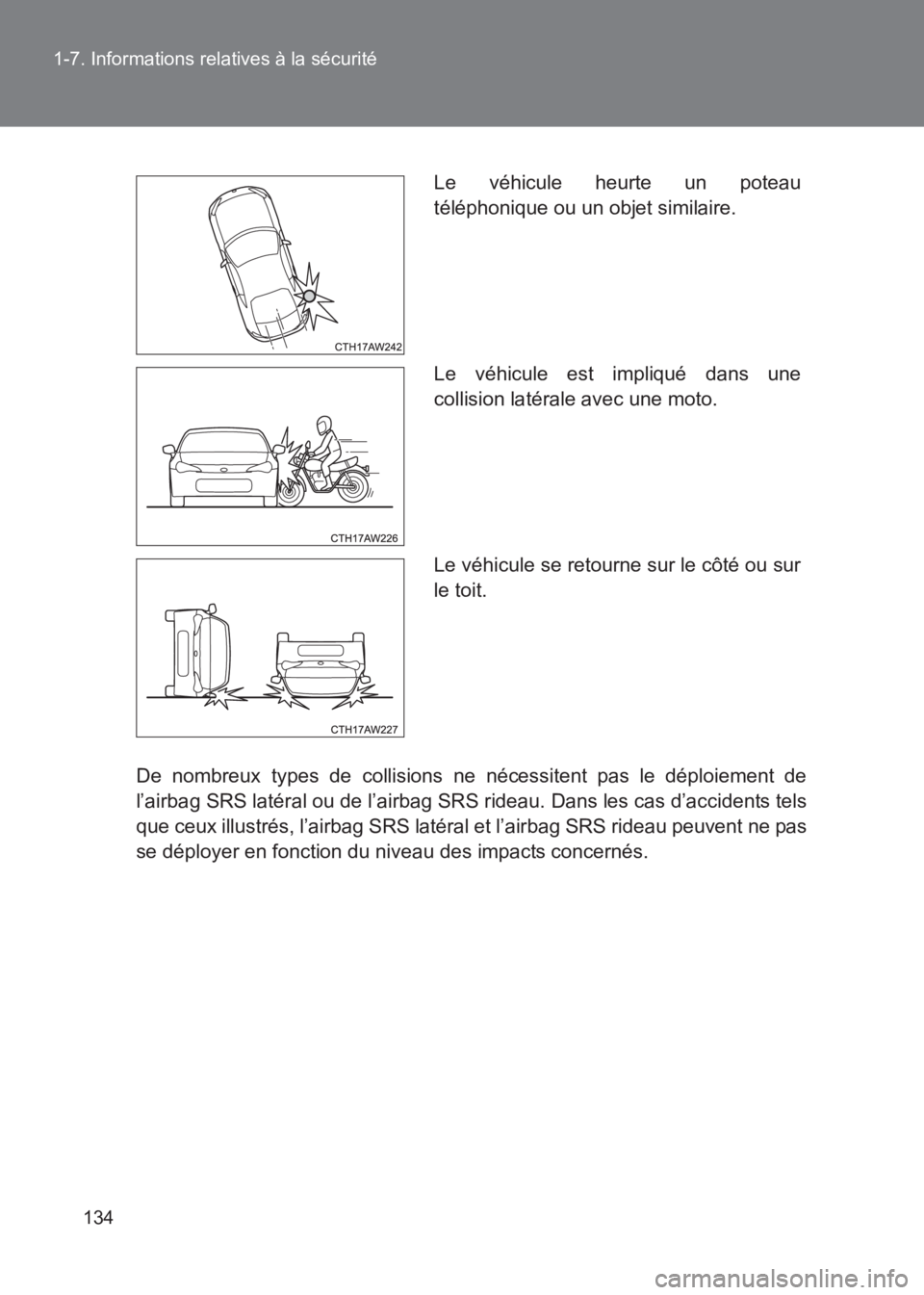 TOYOTA GT86 2017  Notices Demploi (in French) 134
1-7. Informations relatives à la sécurité
86_EK (OM18073K)
De nombreux types de collisions ne nécessitent pas le déploiement de
l’airbag SRS latéral ou de l’airbag SRS rideau. Dans les c