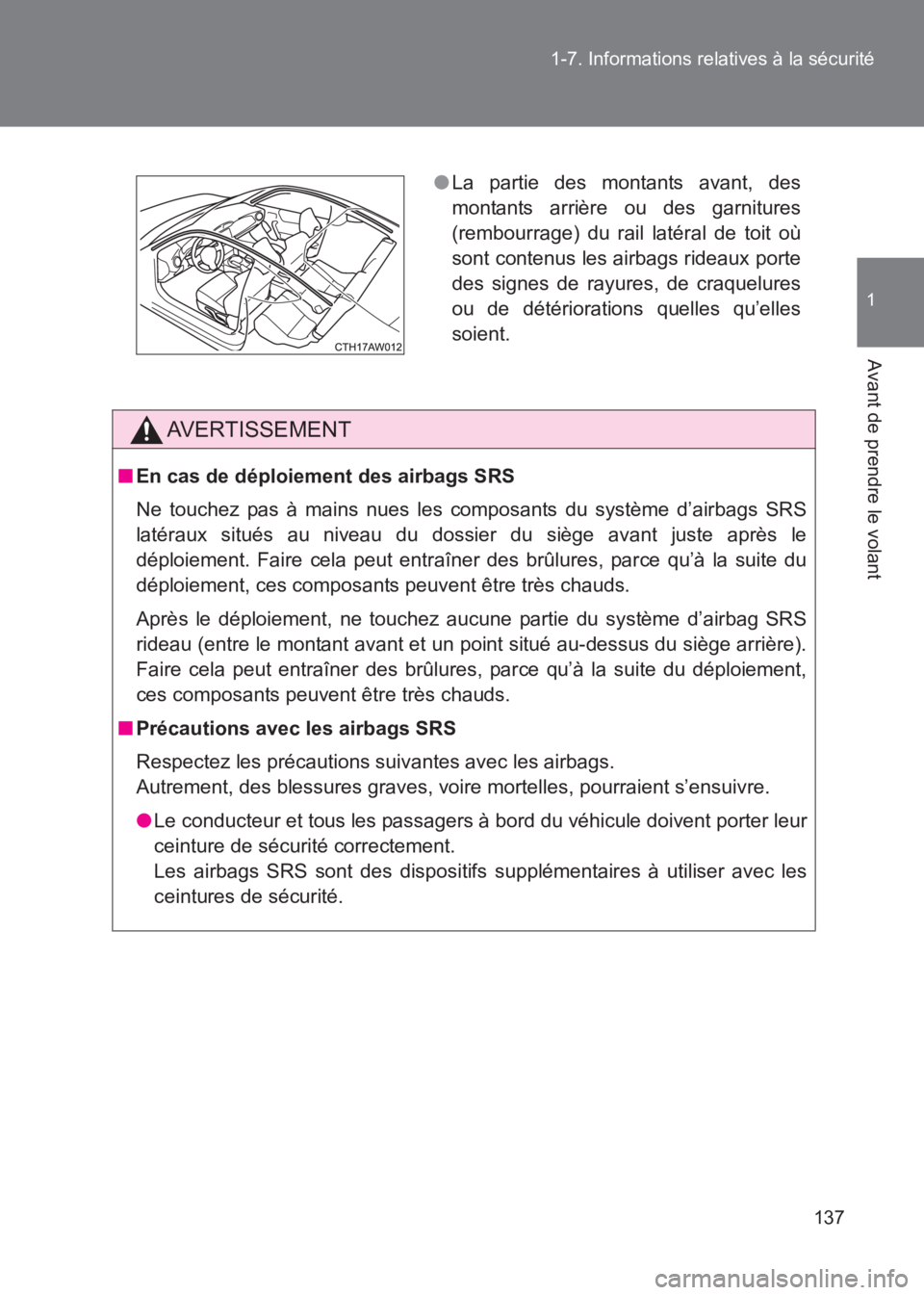 TOYOTA GT86 2017  Notices Demploi (in French) 137
1-7. Informations relatives à la sécurité
1
Avant de prendre le volant
86_EK (OM18073K)
AVERTISSEMENT
■
En cas de déploiement des airbags SRS
Ne touchez pas à mains nues les composants du s