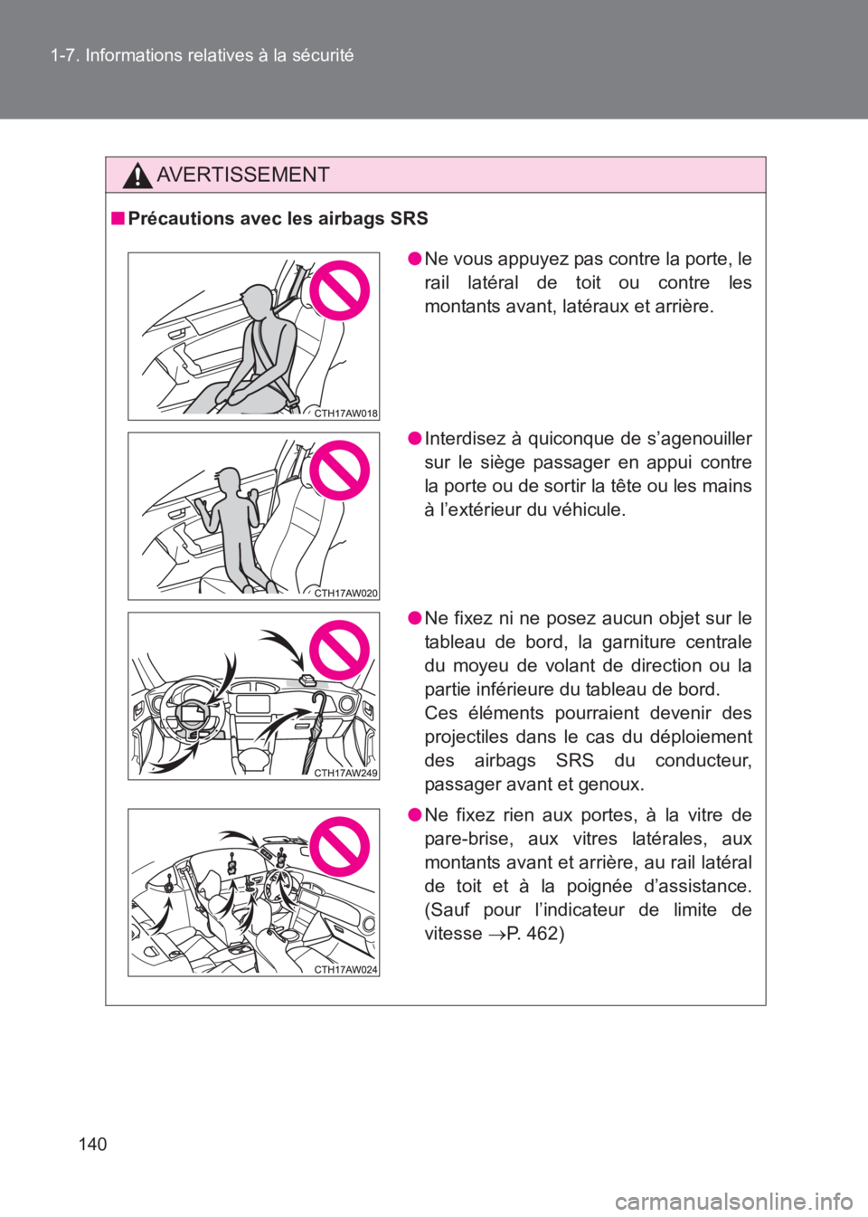 TOYOTA GT86 2017  Notices Demploi (in French) 140
1-7. Informations relatives à la sécurité
86_EK (OM18073K)
AVERTISSEMENT
■
Précautions avec les airbags SRS
●Ne vous appuyez pas contre la porte, le
rail latéral de toit ou contre les
mon
