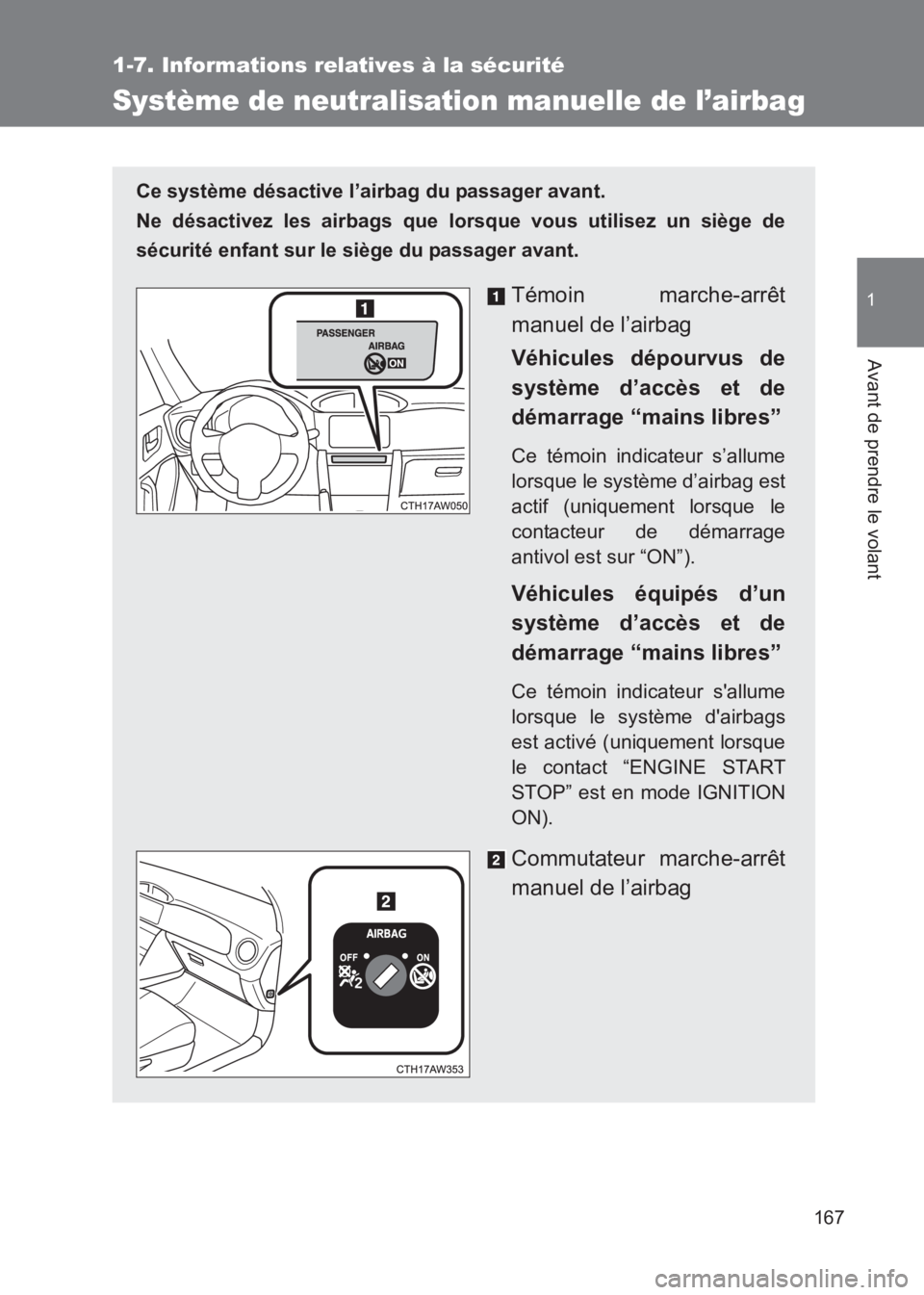 TOYOTA GT86 2017  Notices Demploi (in French) 167
1
1-7. Informations relatives à la sécurité
Avant de prendre le volant
86_EK (OM18073K)
Système de neutralisation manuelle de l’airbag
Ce système désactive l’airbag du passager avant. 
N