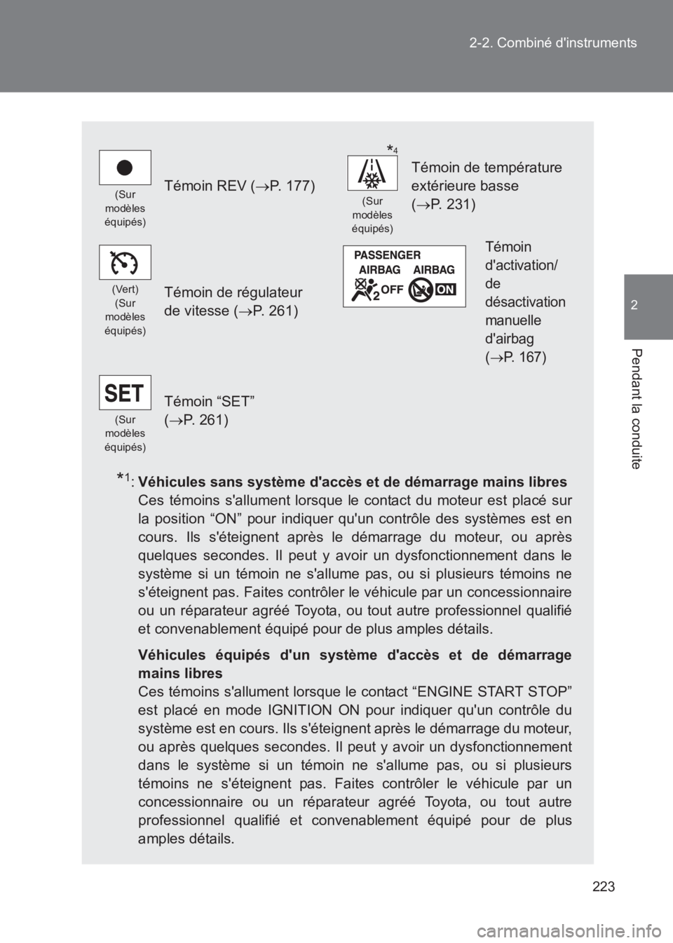 TOYOTA GT86 2017  Notices Demploi (in French) 223
2-2. Combiné dinstruments
2
Pendant la conduite
86_EK (OM18073K)
*1:
Véhicules sans système daccès et de démarrage mains libres
Ces témoins sallument lorsque le contact du moteur est plac