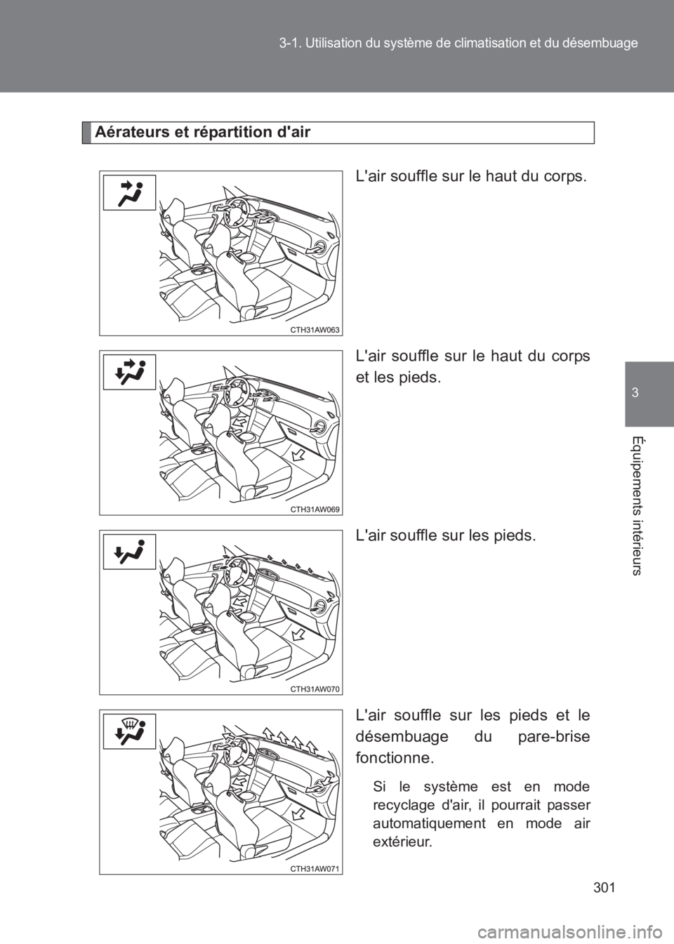 TOYOTA GT86 2017  Notices Demploi (in French) 301
3-1. Utilisation du système de climatisation et du désembuage
3
Équipements intérieurs
86_EK (OM18073K)
Aérateurs et répartition dairLair souffle sur le haut du corps.
Lair souffle sur le
