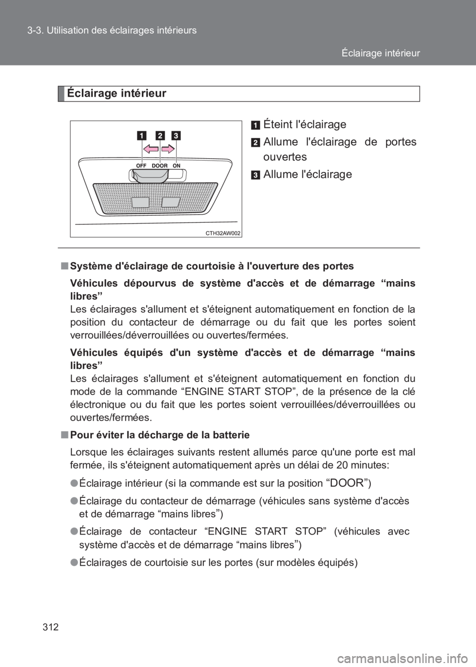 TOYOTA GT86 2017  Notices Demploi (in French) 312
3-3. Utilisation des éclairages intérieurs
86_EK (OM18073K)
Éclairage intérieur
Éteint léclairage
Allume léclairage de portes
ouvertes
Allume léclairage
■Système déclairage de cour